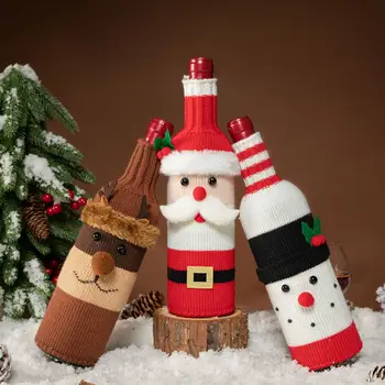 Karikatür Örme Noel şarap şişesi kapağı Noel Baba Kardan Adam Elk Noel 2022 Mutlu yılbaşı dekoru Ev İçin Mutlu Yeni Yıl 2023