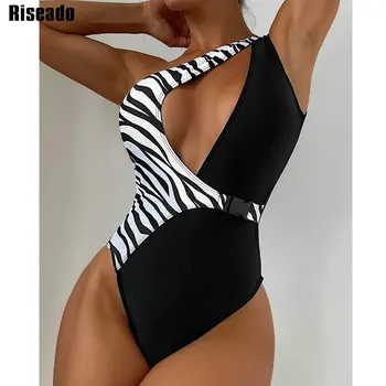 Riseado Bir Omuz Tek Parça Mayolar Zebra Şerit Mayo Cut Out mayo Kadınlar için Toka Bağlantılı Monokini Beachwear