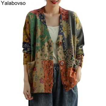 Sonbahar Yeni Gelenler Japonya Tarzı Çiçek Vintage V Yaka Hırka Kadın Cep Baskılı Kazak Bayanlar Rahat Gevşek Örme Elbise