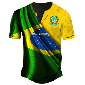Erkek Henry Gömlek Brezilya Bayrağı Baskı Pamuk Düğmeli Tişört 3D V Yaka Özel Üstleri Erkek Giyim Erkek büyük beden kazak Rahat