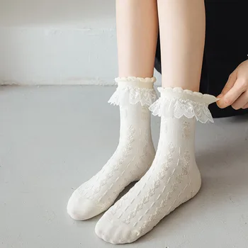 1 Çift Lolita Tarzı Japon Kızlık Güzel Kadın Dantel Kısa Çorap Tatlı Fırfır Pamuk Prenses Çorap Yüksek Kalite