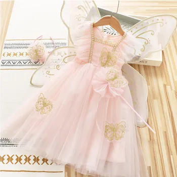 Prenses Kız Elbise Kız Elbise Çocuk Giyim Yaz Parti Vermek kelebek kanatları, çemberler ve sihirli değneklerini
